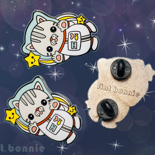 Cat enamel pin, Space Cat backpack pin, Kawaii hard enamel jacket pin, Cute animal jewelry, Cat lover gift, Kitty lapel pin, Flat Bonnie