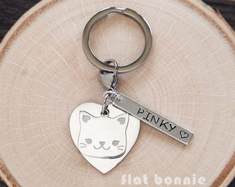 Personalized cat keychain, Kawaii cat keyring, Cute backpack charm kitty, Pet memorial, Crazy cat lady gift, Hand stamped metal, Flat Bonnie