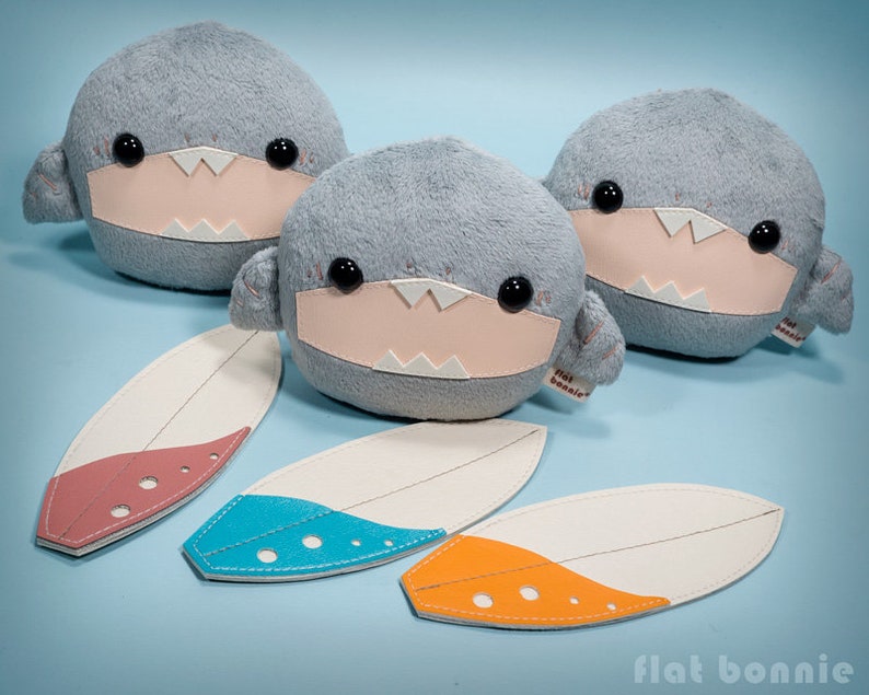 Baby Shark stuffed animal, Kawaii surfing shark soft toy doll, Cute shark plush handmade, Shark week gift, Surfboard, Flat Bonnie image 2