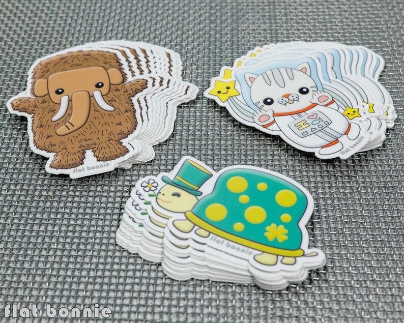 Kawaii Japan Sticker Pack, Pig Otter Turtle Woolly Mammoth Space Cat Bunny Cloud Rainbow, Vinyl laptop sticker decal, Flat Bonnie image 4