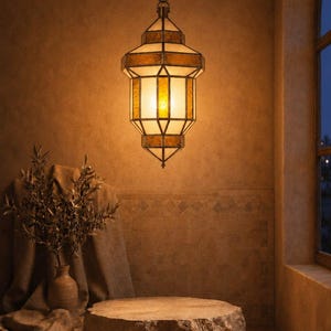 Moroccan Pendant Light Amber Glass Hanging Lantern Chain Fixture, Colourful Moroccan Glass Lanterns, hanging glass lamp