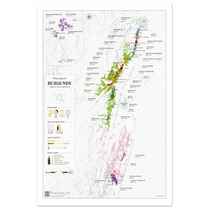 Könnte beinhalten: Eine detaillierte Weinkarte von Burgund, Frankreich, mit einer farbenfrohen Darstellung von Weinbergen und Appellationen. Die Karte enthält Schlüsselfiguren, Angaben zu Fläche und Produktion sowie Rebsorten.