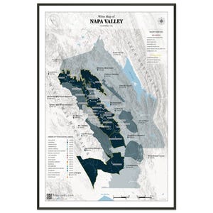 May include: A framed map of Napa Valley, California, with detailed geographical and viticultural information. The map highlights American Viticultural Areas and grape varieties, with a focus on the region's wine production.