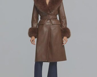 Handgefertigte Echt Leder Mantel mit Pelzkragen | Lange Winter Jacke