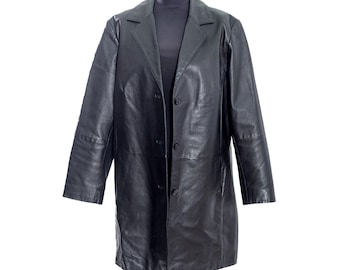 Blazer largo vintage de cuero negro / Abrigo Matrix alemán de los años 90, talla L-XL