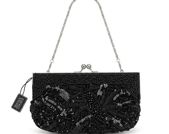 May include: Black beaded clutch with a silver chain handle. The rectangular bag features a decorative pattern of sequins and beads. A tag that reads "Bijoux Terner" hangs from the side.