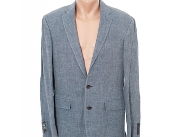 May include: A light blue blazer with a two-button closure, two front pockets, and three buttons on each sleeve. The blazer is made of a textured fabric and is displayed on a mannequin.