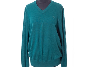 Suéter de lana merino William Hunt / Cuello en V verde azulado intenso, Savile Row Tailoring, talla L