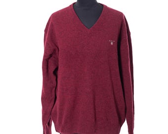Vintage GANT Lambswool V-Neck Sweater | Burgundy Pullover, XL