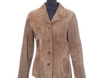 Womens Brown Suede Leather Jacket, Tailored Hip-Length Vintage Outerwear (EU 38)