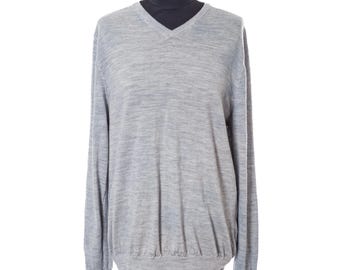 Suéter vintage de lana merino Simon Carter / Cuello en V gris, talla XL
