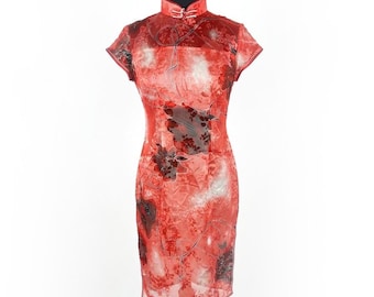 Vestido Cheongsam vintage rojo con estampado floral / Qipao de satén oriental estilo cóctel de los 90