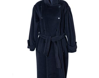 80s 90s Vintage Trrixi Schober Wool Cashmere Blend Double Breasted Midi Coat | Oversized Navy Womens GB 12 US 10 W Germany