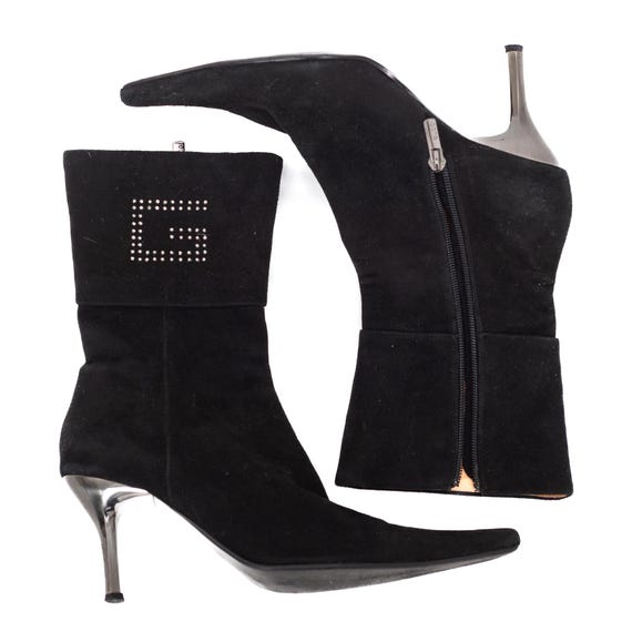 Vintage Gucci Black Suede Boots | Metal Stiletto Heel | Rhinestone G Logo Crystal | Size EU 38 (US 7.5-8)