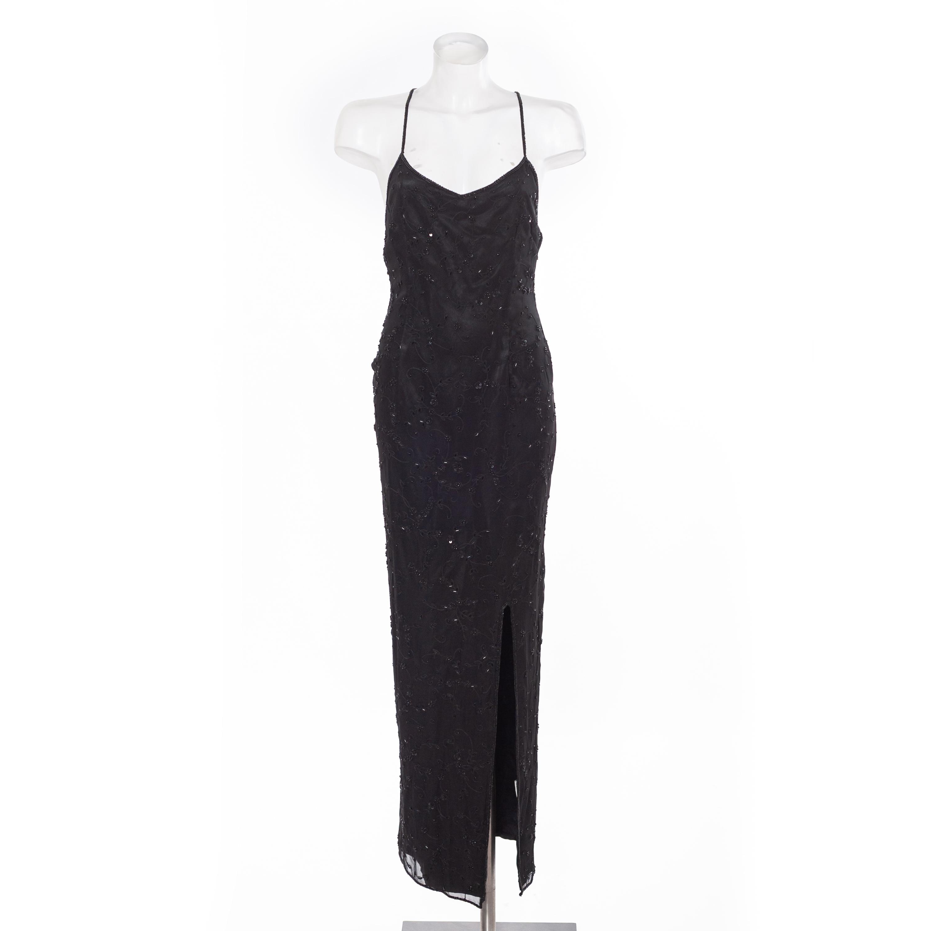 Vintage Black Silk Beaded Maxi Dress: 90s Y2K Formal