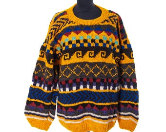 Suéter vintage de lana tejido a mano / Estampado geométrico amarillo mostaza