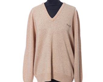 Suéter vintage de lana Pringle of Scotland, cuello en V, color beige camel, talla L
