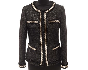 Black Tweed Pearl Embellished Jacket | Chanel Style Blazer M