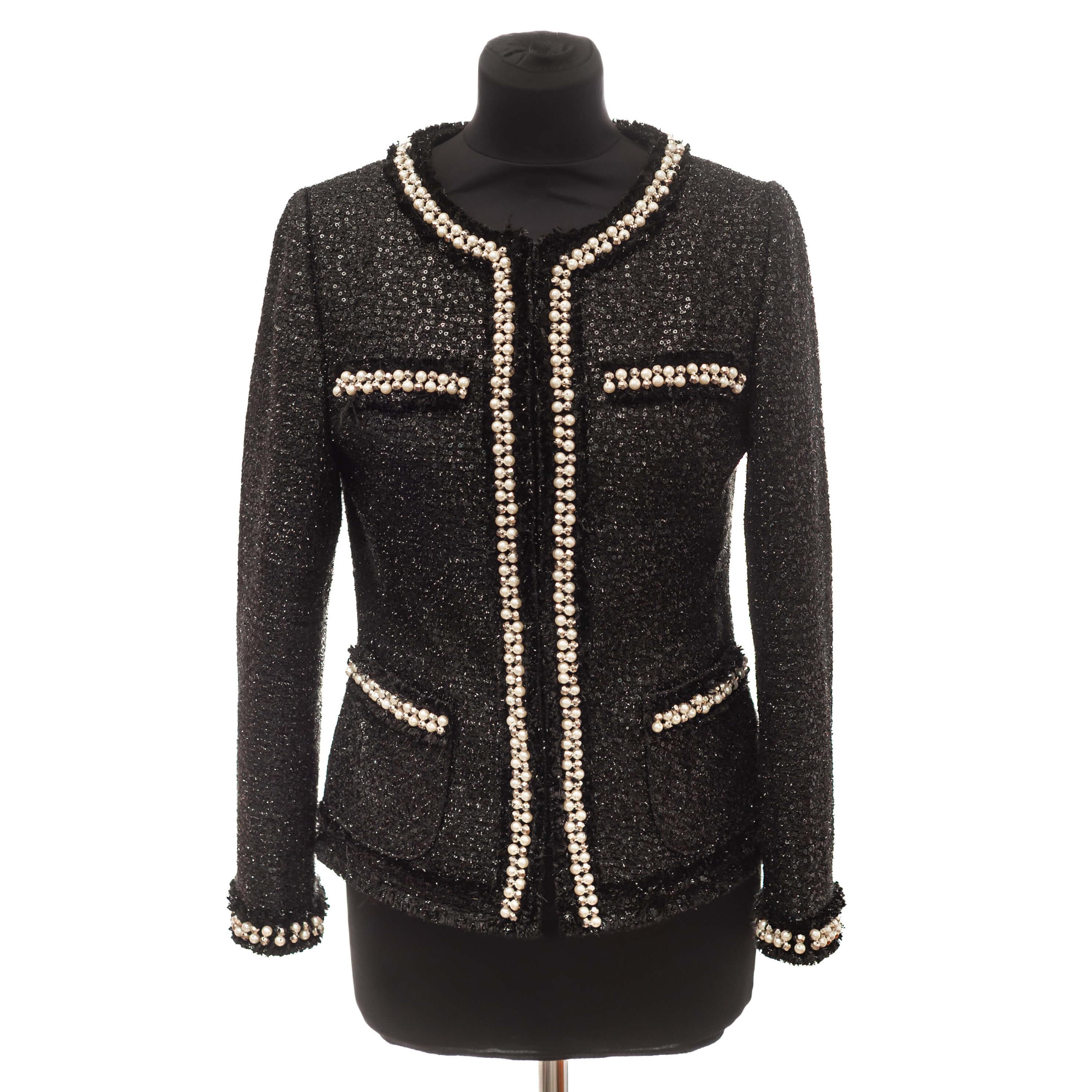 Black Tweed Pearl Embellished Jacket | Chanel Style Blazer M - Etsy