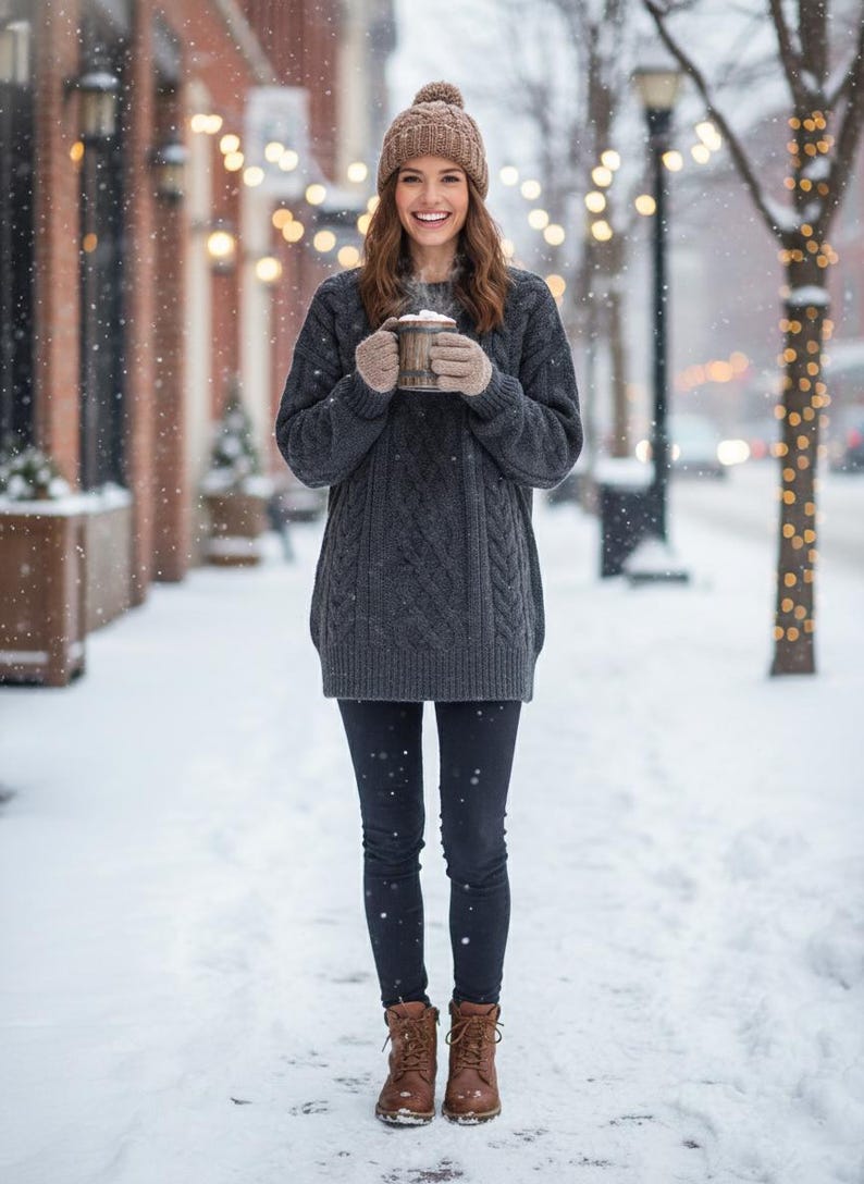 May include: A woman wearing a gray cable-knit sweater, black leggings, a brown knit hat, and brown boots stands in the snow. She holds a wooden mug with a warm beverage. The background features a snowy street with string lights.