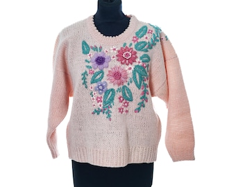 Suéter vintage de lana floral tejido a mano de los años 80 / Stock muerto sin usar