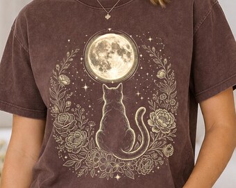 Comfort Colors Cat Moon Shirt,Minimalist Cat Lover T-Shirt,Gift for Cat Mom Tee,Retro  Moon Cat TShirt, Boho Floral Cat Shirt,Mystical Shirt