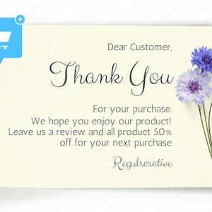 May include: A cream-colored thank you card with the words "Thank You" in elegant script. The card includes a message and is adorned with blue and purple flowers. A blue shopping cart icon is in the upper left corner.