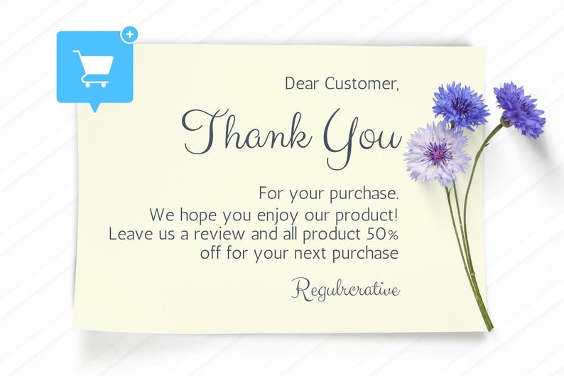 May include: A cream-colored thank you card with the words "Thank You" in elegant script. The card includes a message and is adorned with blue and purple flowers. A blue shopping cart icon is in the upper left corner.