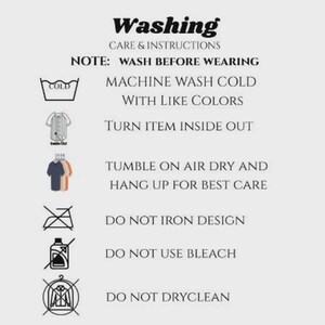 May include: White background with black text detailing washing instructions. Includes symbols for machine wash cold, turn inside out, air dry, do not iron, do not use bleach, and do not dry clean.