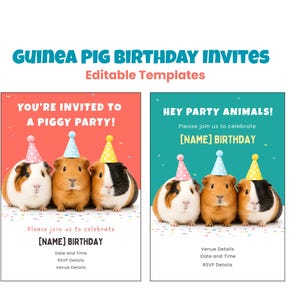 Könnte beinhalten: Zwei Geburtstagseinladungs-Vorlagen mit Meerschweinchen, die Partyhüte tragen. Eine hat einen roten Hintergrund mit dem Text "Du bist zu einer Schweinchenparty eingeladen!" Die andere hat einen türkisfarbenen Hintergrund mit "Hey Party Animals!"