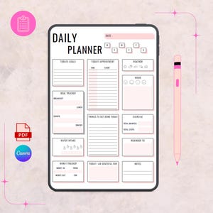 May include: A digital daily planner displayed on a tablet, featuring sections for goals, appointments, meal tracking, water intake, and more. A pink stylus rests beside the tablet. The planner includes the text "DAILY PLANNER".