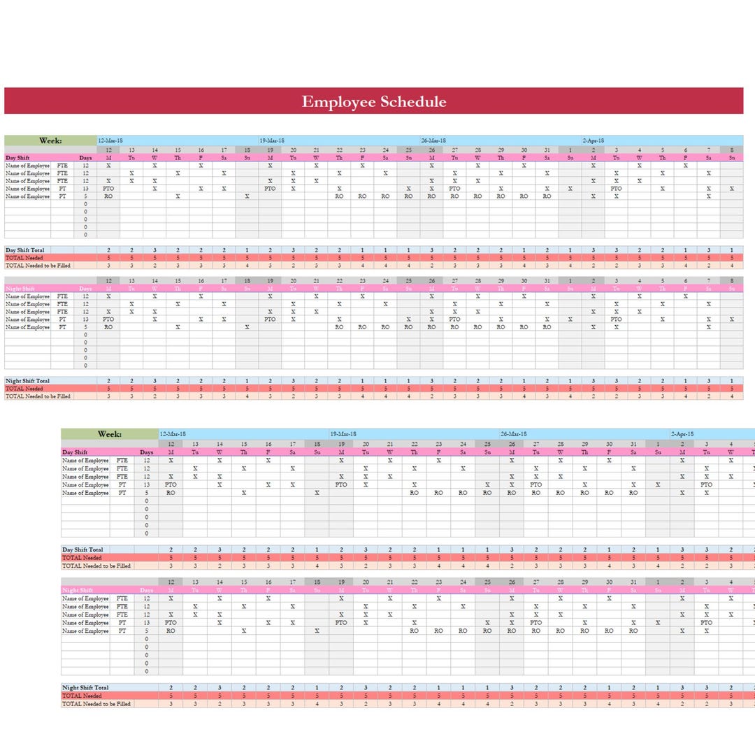 Employee Schedule Excel & Google Sheets Template | Staff Shift Planner ...