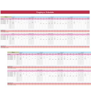 May include: An employee schedule template with a red header that reads "Employee Schedule." The schedule is organized in a grid format, with rows for employee names and columns for dates. The cells contain abbreviations like "X" and "PTO."
