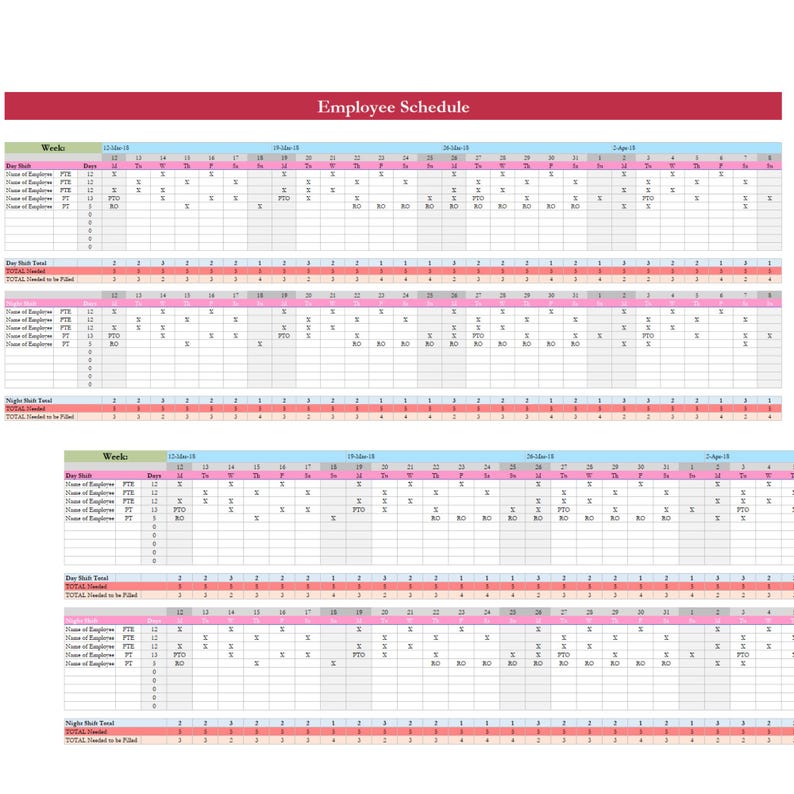 Employee Schedule Excel & Google Sheets Template | Staff Shift Planner ...