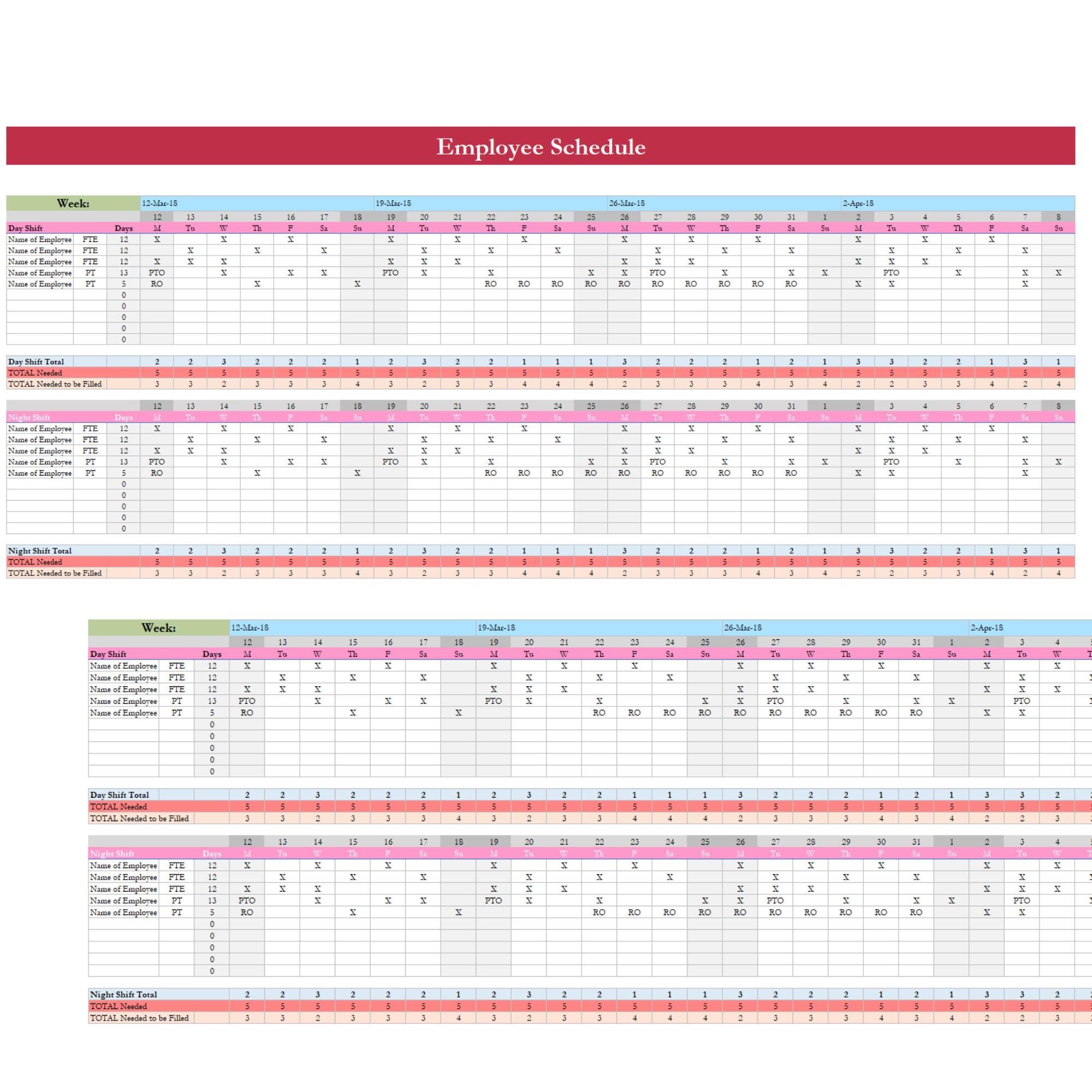 Employee Schedule Excel & Google Sheets Template | Staff Shift Planner ...