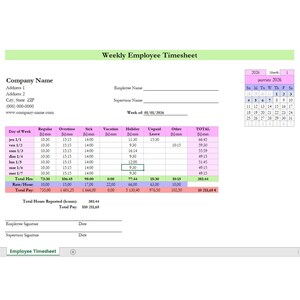 Peut inclure: Une feuille de temps hebdomadaire pour les employés avec des champs pour les heures régulières, les heures supplémentaires, les congés de maladie et les vacances. Comprend un calendrier 2026 et des champs pour les informations sur l'entreprise et l'employé. Le salaire total est de 10 211,05 €.