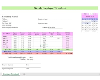 Plantilla de hoja de horas semanal para empleados (Excel y Google Sheets) | Registro de nóminas y asistencia de empleados | Hoja de horas trabajadas y horas extra