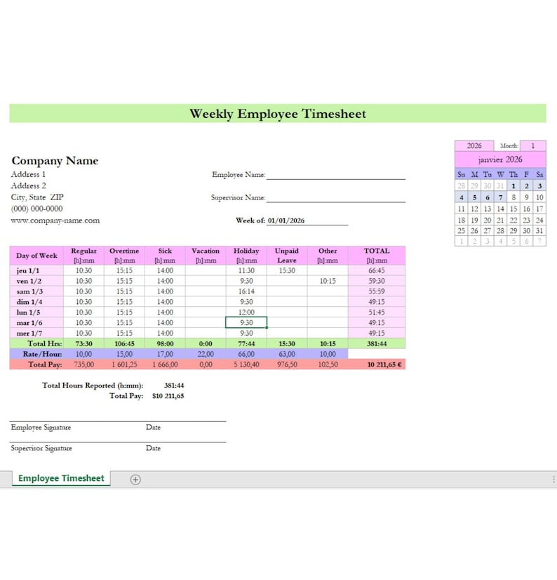 Total Week Timesheet Weekly Employee Timesheet Template Excel & Google Sheets | Employee ...