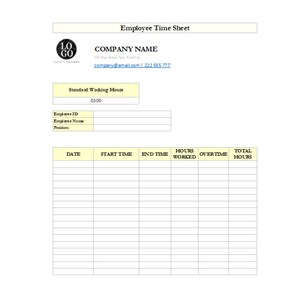 Peut inclure: Une feuille de temps pour employés blanche avec le titre "Employee Time Sheet" en haut. La feuille comprend des champs pour les informations de l'entreprise, les détails de l'employé et un tableau pour enregistrer les heures de travail, les heures supplémentaires et le total des heures.