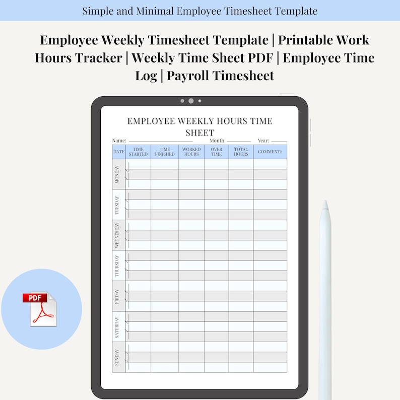 Employee Timesheet Template | Printable Weekly Work Hours Tracker PDF ...