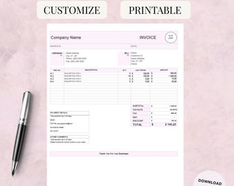 Plantilla de factura imprimible Excel Hojas de cálculo de Google Formulario de factura editable Perfecto para facturar a clientes, contabilidad y organización empresarial