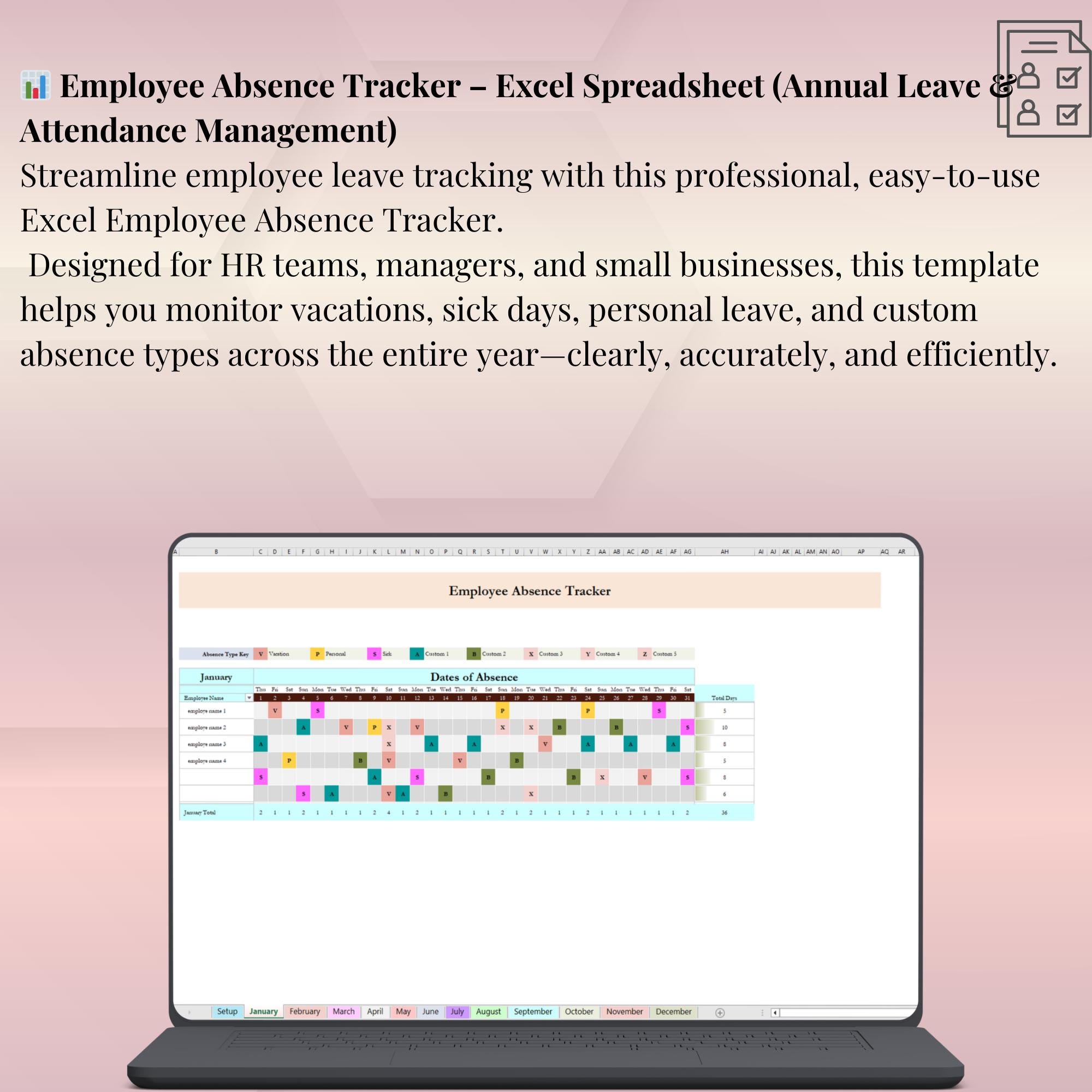 Visual Absence Calendar Employee Absence Tracker Calendar 2026 | HR Vacation Sick Leave Planner ...