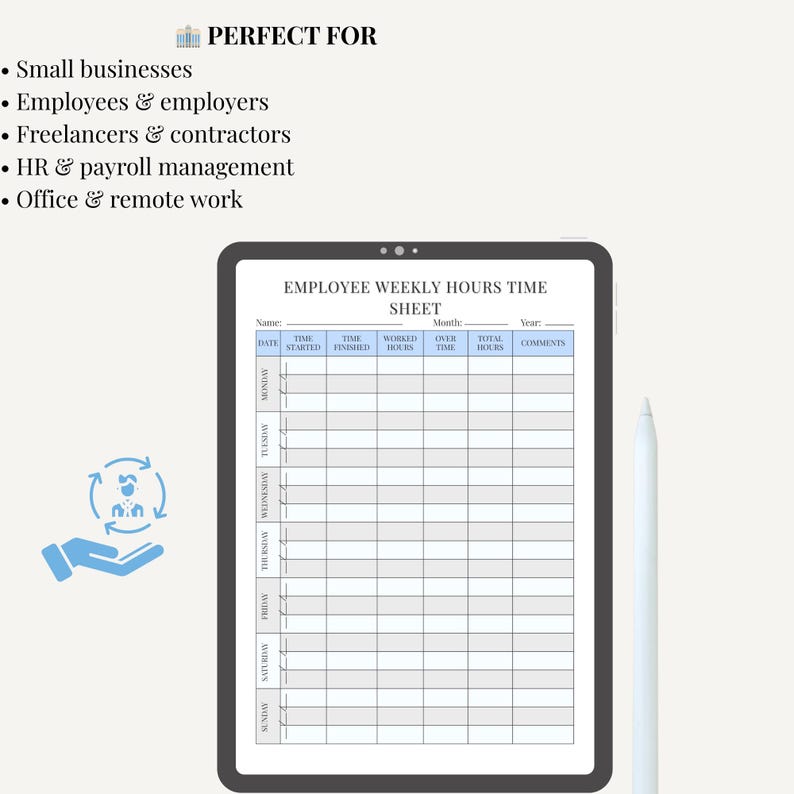Employee Timesheet Template | Printable Weekly Work Hours Tracker PDF ...