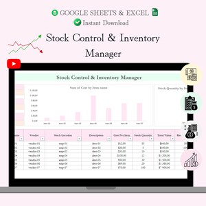 Op de afbeelding: Een laptopscherm toont een spreadsheet met de titel "Stock Control & Inventory Manager". De spreadsheet bevat grafieken en gegevenstabellen met kolommen voor artikelnamen, leveranciers, voorraadlocaties en kosten. De tekst "GOOGLE SHEETS & EXCEL" en "Instant Download" is ook aanwezig.