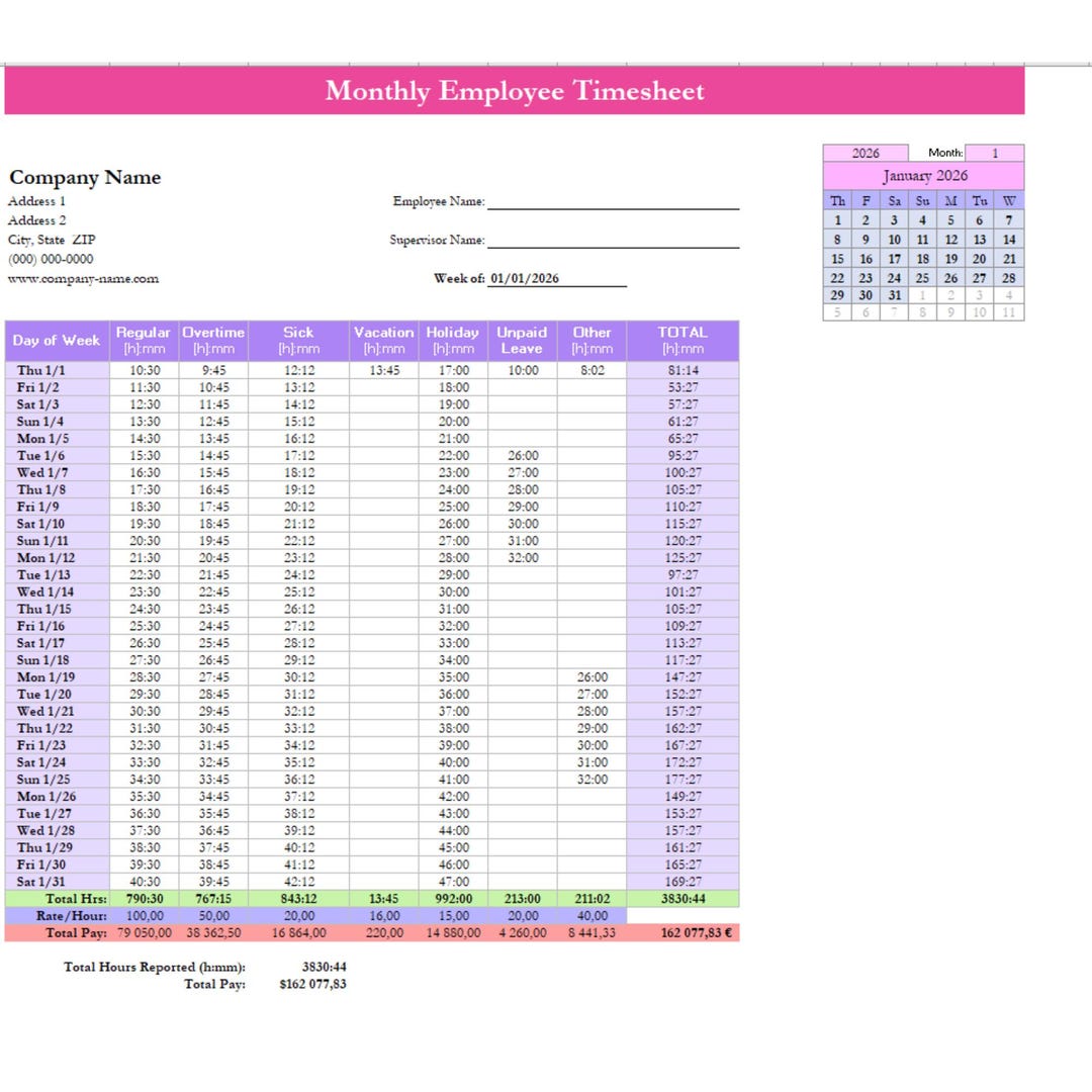 Monthly Timesheet Employee Tracker Template Excel & Google Sheets ...
