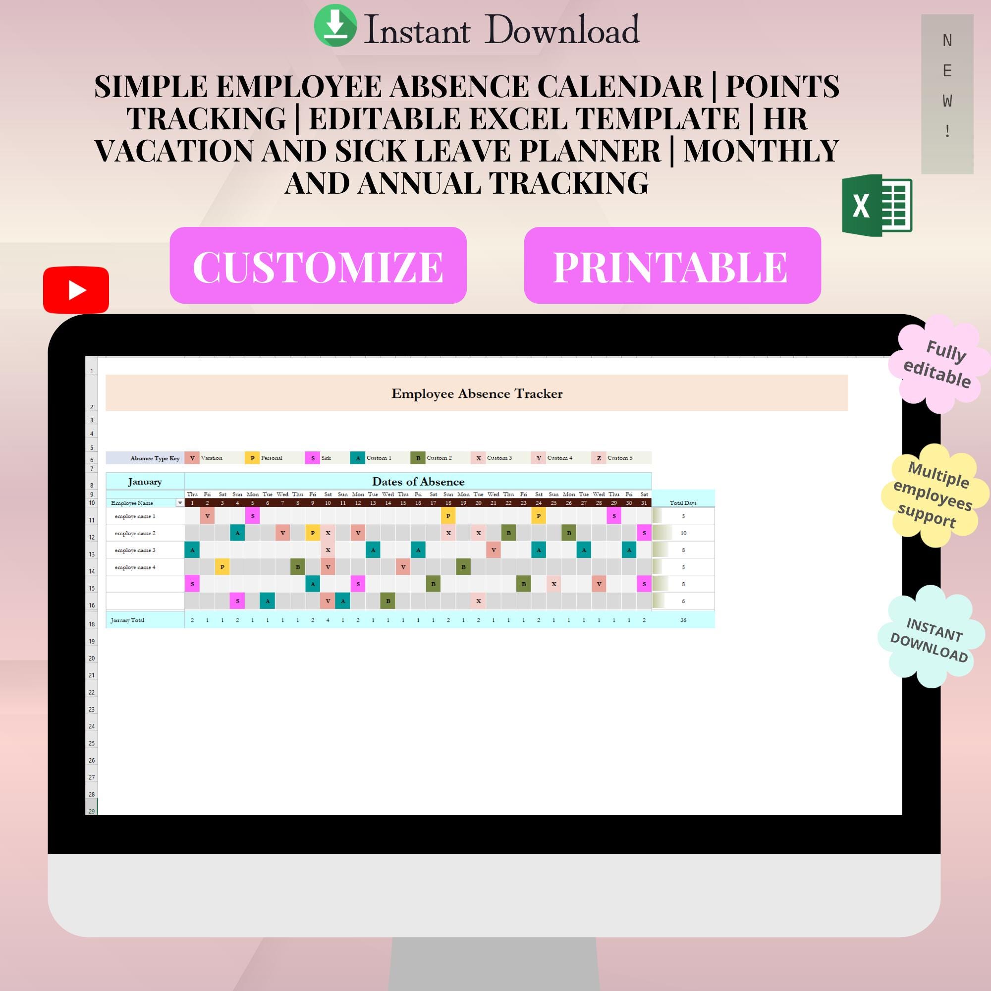 Employee Absence Tracker Calendar 2026 | HR Vacation Sick Leave Planner ...