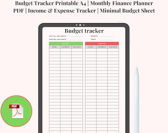 Planificador de presupuesto imprimible A4, planificador financiero mensual en PDF, registro de ingresos y gastos | Hoja de presupuesto mínimo para finanzas personales y presupuesto doméstico
