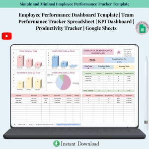 Peut inclure: Un modèle numérique de tableau de bord de performance des employés affiché sur un écran d'ordinateur portable. Le modèle comprend des graphiques et des tableaux de données pour le suivi des performances de l'équipe, des KPI et de la productivité. Le texte "Employee Performance Dashboard" est affiché.