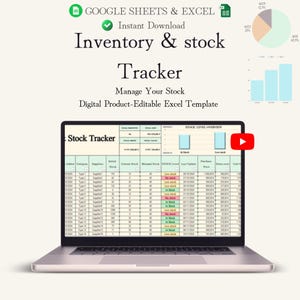 Peut inclure: Un ordinateur portable affiche une feuille de calcul Excel intitulée "Stock Tracker". L'écran montre des tableaux de données et des graphiques, avec le texte "Inventory & stock Tracker" en haut. L'image comprend le texte "Google Sheets & Excel" et "Instant Download."