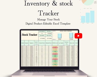 May include: A laptop displaying an Excel spreadsheet titled "Stock Tracker." The screen shows data tables and charts, with the text "Inventory & stock Tracker" above. The image includes the text "Google Sheets & Excel" and "Instant Download."